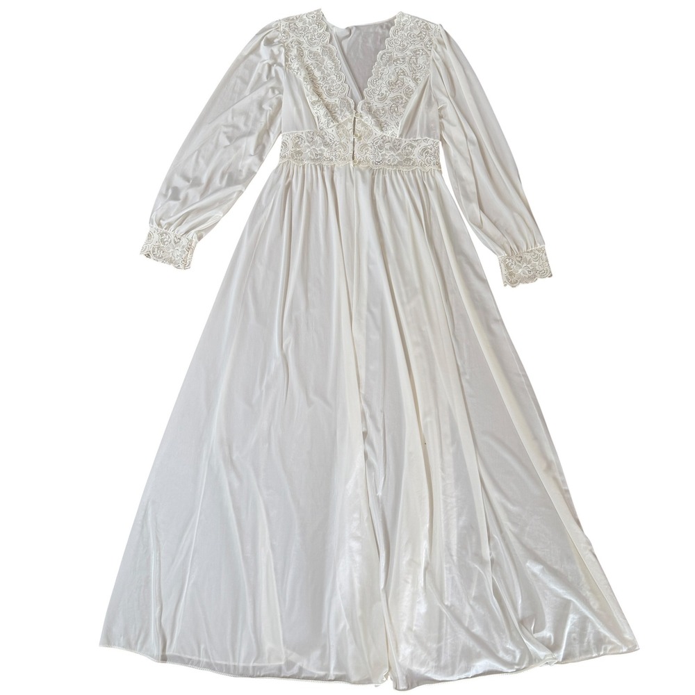 Shadowline Vintage 90s Nightgown Lace Long Sleeve Maxi Small Cream White